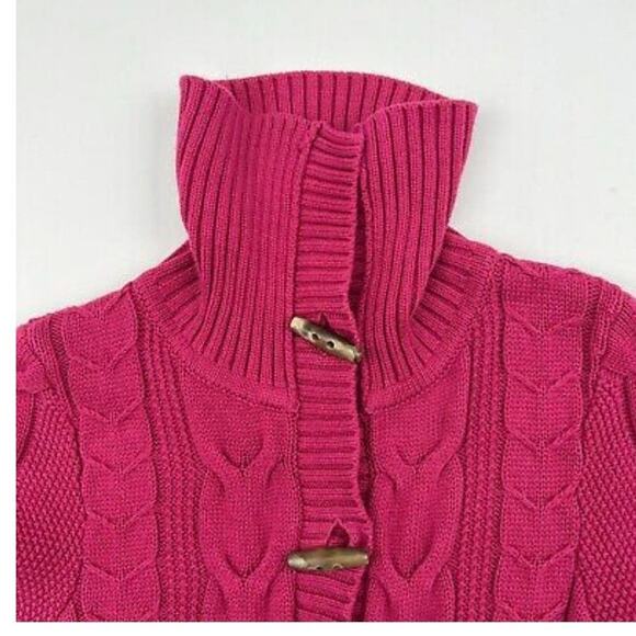 L.L. Bean high neck Cardigan Cable Knit Toggle Buttons Fucshia size small - Picture 4 of 12